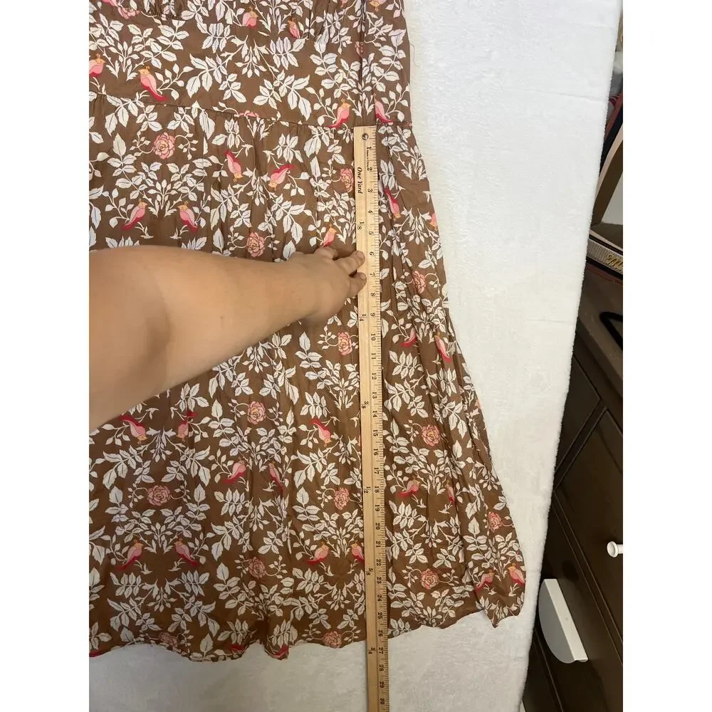 VTG Merona Brown Floral Birds Midi Whimsy Twee Cottage Cotton Dress sz 16 Party - Picture 8 of 10